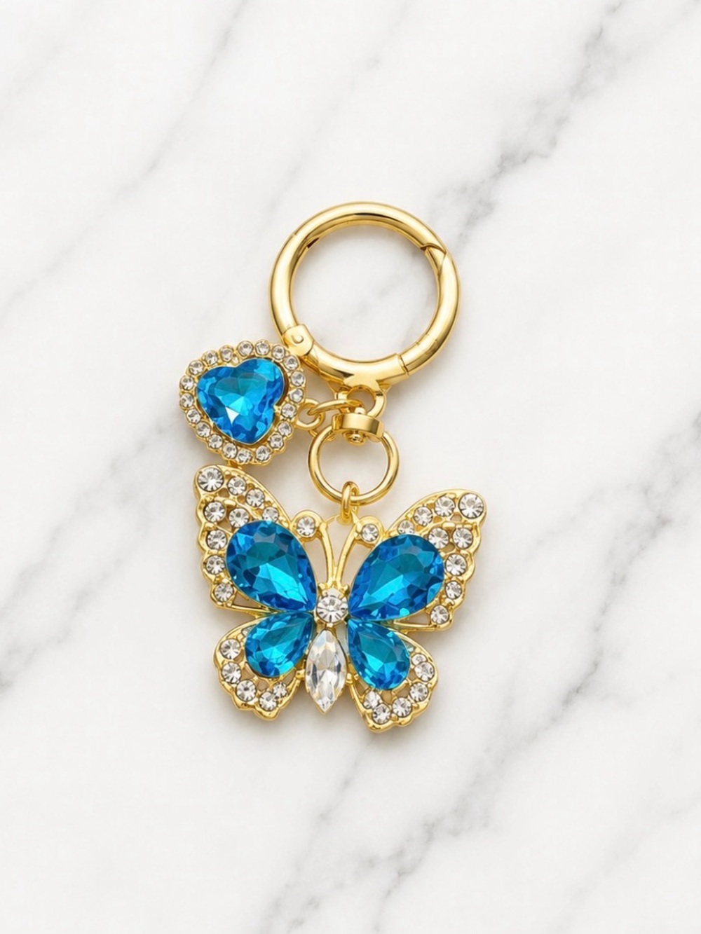 Blue Rhinestone Butterfly Bag Charm/Keyring on Gold Hardware